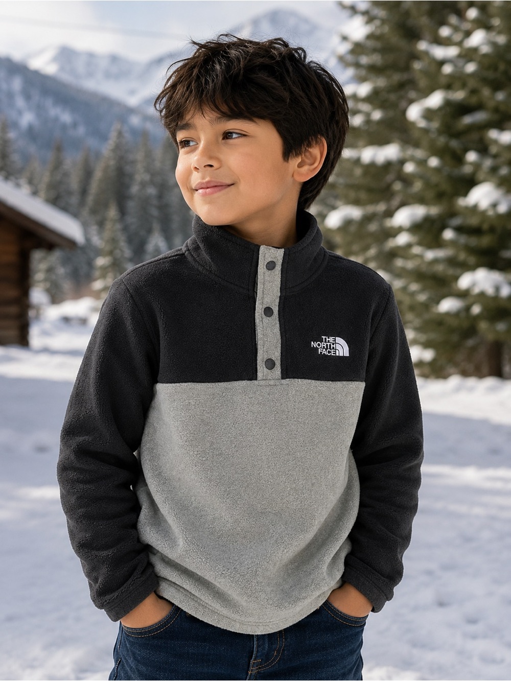 The North Face Kids Two-Tone Black and Grey Snap Pullover Fleece size S